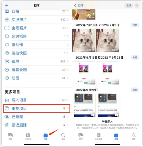 汨罗苹果手机维修分享iOS 16 中相册重复项目功能使用方法 